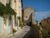 Séguret - Rue pavée et maisons du village ornée de fleurs et de plantes