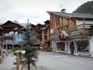 Serre-Chevalier - Serre-Chevalier 1350 (Chantemerle), esquí (esquí): árbol en primer plano, la calle, tiendas y casas de campo