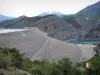 Serre-Ponçon dam - Earth dam (earth dike), water reservoir (artificial lake), power plant, Durance river and mountains