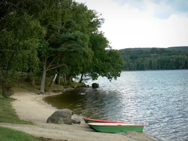 Meer van de Settons - Kunstmatig meer, boten en de houtwallen, in de Morvan Regionaal Natuurpark