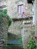 Severac-le-Château - Casas de pedra da cidade medieval com hollyhocks em primeiro plano