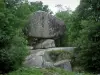 Sidobre - Peyro Clabado : rocher (bloc) de granit maintenu en équilibre sur un socle et arbres (forêt), dans le Parc Naturel Régional du Haut-Languedoc