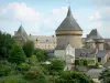 Sille-le-Guillaume - Vista do castelo de Sille-le-Guillaume, vegetação e casas da cidade