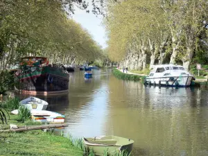 Le Somail - Canal du Midi, Somail port with moored boats, plane trees and towpath