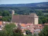 Guia da Sona e Líger - Cluny - Torre do moinho, telhado do velho Farinier (abadia de Cluny), telhados de casas, árvores, torre redonda e floresta ao fundo