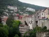 St. Claude - Casas e edifícios da cidade, árvores e floresta; no Parque Natural Regional do Haut-Jura