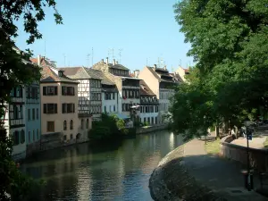 Strasbourg - La Petite France (ex curtidores, molineros y pescadores): Parque con árboles, río y las casas de entramado de madera en las orillas del río (Illinois)