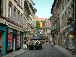 Strasbourg - High Street, con sus casas colgadas banderas decoradas con flores, una cafetería y tiendas