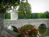 Sully-sur-Loire - Bloemen, brug, gracht (de Sange), turn en park (bomen) op de achtergrond