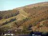 Super Besse - Case, erba, alberi e impianti di risalita nella stazione sciistica (sport invernali), nel Parco Naturale Regionale dei Vulcani d'Alvernia nel Massif du Sancy (Monts Dore), sulla città di Besse-et-Saint -Anastaise