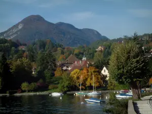 Talloires - Meer, haven met boten, huizen en de kerktoren van het dorp, bomen met herfstkleuren, bossen en bergen