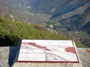 Tanargue massif - Regional Natural Park of the Ardèche Mountains: viewpoint indicator of the Col de Meyrand pass overlooking the verdant landscape of Tanargue