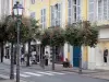 Tarbes - Rue, façades de maisons, boutiques, lampadaire et fleurs