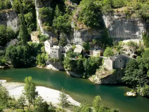 Tarn gorges - Cévennes National Park: view of the houses of the village of Castelbouc nestled between River Tarn and the limestone cliffs; in the town of Sainte-Enimie