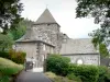 Tournemire和Anjony城堡 - 罗马式教会圣徒吉恩巴帝斯特的钟楼和中世纪村庄的石房子的看法
