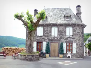 Tournemire y el castillo de Anjony - Casa de piedra y bancos, al pie de un árbol