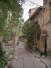 Tourrettes-sur-Loup - Beco com escadas, casas de pedra e árvores