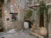 Tourrettes-sur-Loup - Callejón con sus pintorescas casas de piedra, flores, plantas y porche adorable