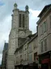 Troyes - Facades of houses and tower of the Saint-Pierre-et-Saint-Paul cathedral of Gothic style