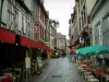 Troyes - Street paved with houses (some half-timbered), restaurant terraces and shops