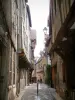 Troyes - Narrow street paved with old timber-framed houses, Mauroy mansion (Tool and Labor Thought house) in background