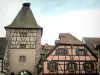 Turckheim - Puerta con un nido de cigüeña y casas de entramado de madera