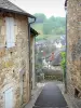 Turenne - Rua estreita forrada com casas de pedra, com vista para os telhados da vila