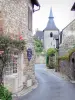 Turenne - Maison des Chanoines (ou ancienne maison du Chapitre) ornée d'un rosier grimpant en fleurs, et clocher de la collégiale Notre-Dame Saint-Pantaléon