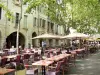 Uzès - Place aux Herbes : terrasses de restaurants, maisons à arcades et platanes (arbres)