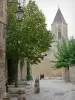 Uzès - Ruelle de la vieille ville, lampadaire, arbres et chapelle gothique du duché en arrière-plan