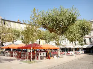 Valence - Café-Terrassen auf der Place des Clercs im Schatten von Bäumen und Sonnenschirmen