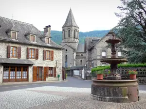 Vallei van Mars - Parc Naturel Régional des Volcans d'Auvergne: fontein, kerktoren en huizen in het dorp Vaulmier