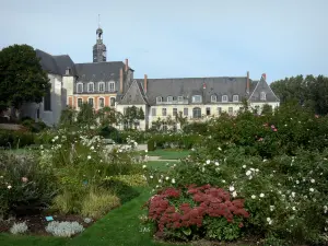 Valloires gardens - Rose garden and the Valloires Cistercian abbey