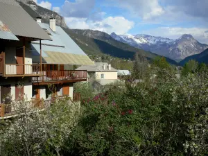 Vallouise - Maisons du village et arbres en fleurs avec vue sur les montagnes, ciel nuageux ; dans le Parc National des Écrins