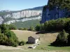 Vercors Regional Nature Park - View of a hut in the middle of a wild setting made up of cliffs