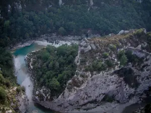 Verdon gorges - From the Mescla balconies, view of rock faces, trees, scrubland and the confluence (stream crossing) of the Verdon and Artuby rivers (Verdon Regional Nature Park)