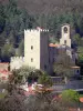 Vernet-les-Bains - Castle tower, bell tower of the Saint-Saturnin church and houses of the old village surrounded by greenery
