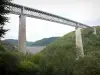 Viadukt Fades - Blick auf den Viadukt, einer der höchsten Eisenbahn-Viadukte Europas, die Hügel bedeckt mit Bäumen und im Hintergrund der Staudamm von Besserve; auf der Gemeinde Sauret-Besserve