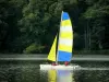 Vieilles-Forges lake - Catamaran on the lake; wooded shore