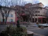 Villefranche-sur-Saône - Bâtiments et place avec arbres, bancs et fontaine