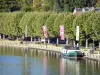 Villeneuve-sur-Yonne - Arbres au bord de la rivière Yonne et bateau amarré au quai