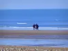 Villers-sur-Mer - Côte Fleurie: praia do balneário com caminhantes, na maré baixa e mar (La Manche)