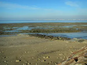 Villerville - Côte Fleurie spiaggia e scogli in acqua bassa, con vista sulla Senna, Le Havre e il corso del LaHave