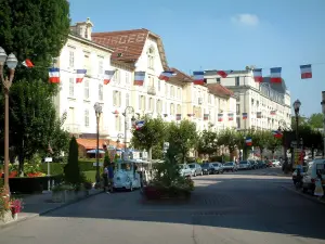 Vittel - Rue de la ville (station) thermale avec drapeaux suspendus, petit train touristique, arbres et édifices