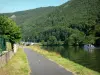 Voie Verte Trans-Ardennes - Valle della Mosa, nel Parc Naturel Régional des Ardennes: Greenway (pista ciclabile), costruito sul vecchio alzaia lungo la Mosa, in un ambiente verde, barca a vela sul fiume e ponte in Haybes sfondo