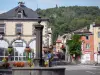 Volvic - Fontaine en pierre de Volvic, bâtiment abritant l'office de tourisme, fleurs et maisons du village ; dans le Parc Naturel Régional des Volcans d'Auvergne