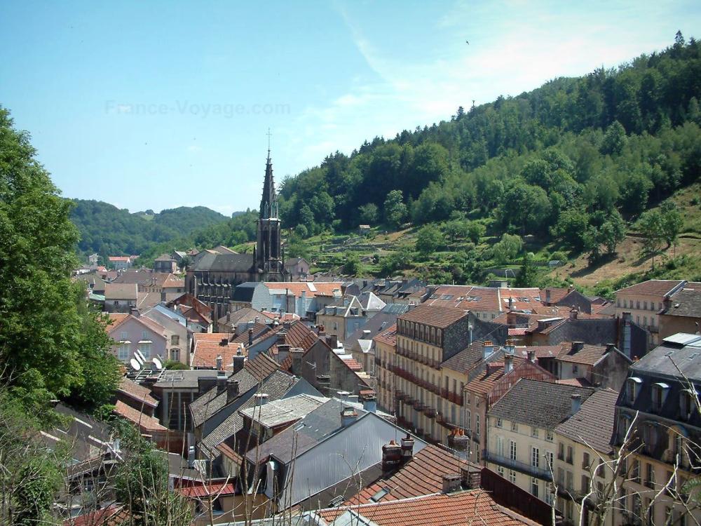 Guide des Vosges - Plombières-les-Bains - Église et maisons de la ville (station) thermale entourées d'arbres (forêts)