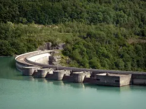 Vouglans dam - Dam, water of the Vouglans lake and trees on the shore