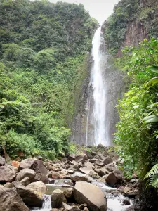 Watervallen van Carbet - Tweede Waterval Carbet, tropische vegetatie en kronkelende rivier tussen de rotsen ; in het Nationaal Park van Guadeloupe