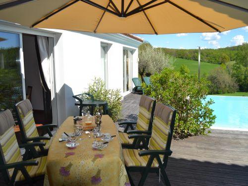 Die Cadanellau - Der Frühstückstisch auf der Terrasse vor dem Pool